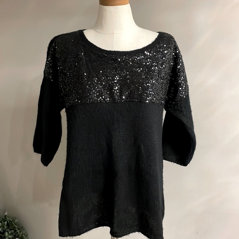 Women’s holiday black sparkle sequins block knit sweater 3/4 sleeve size Large